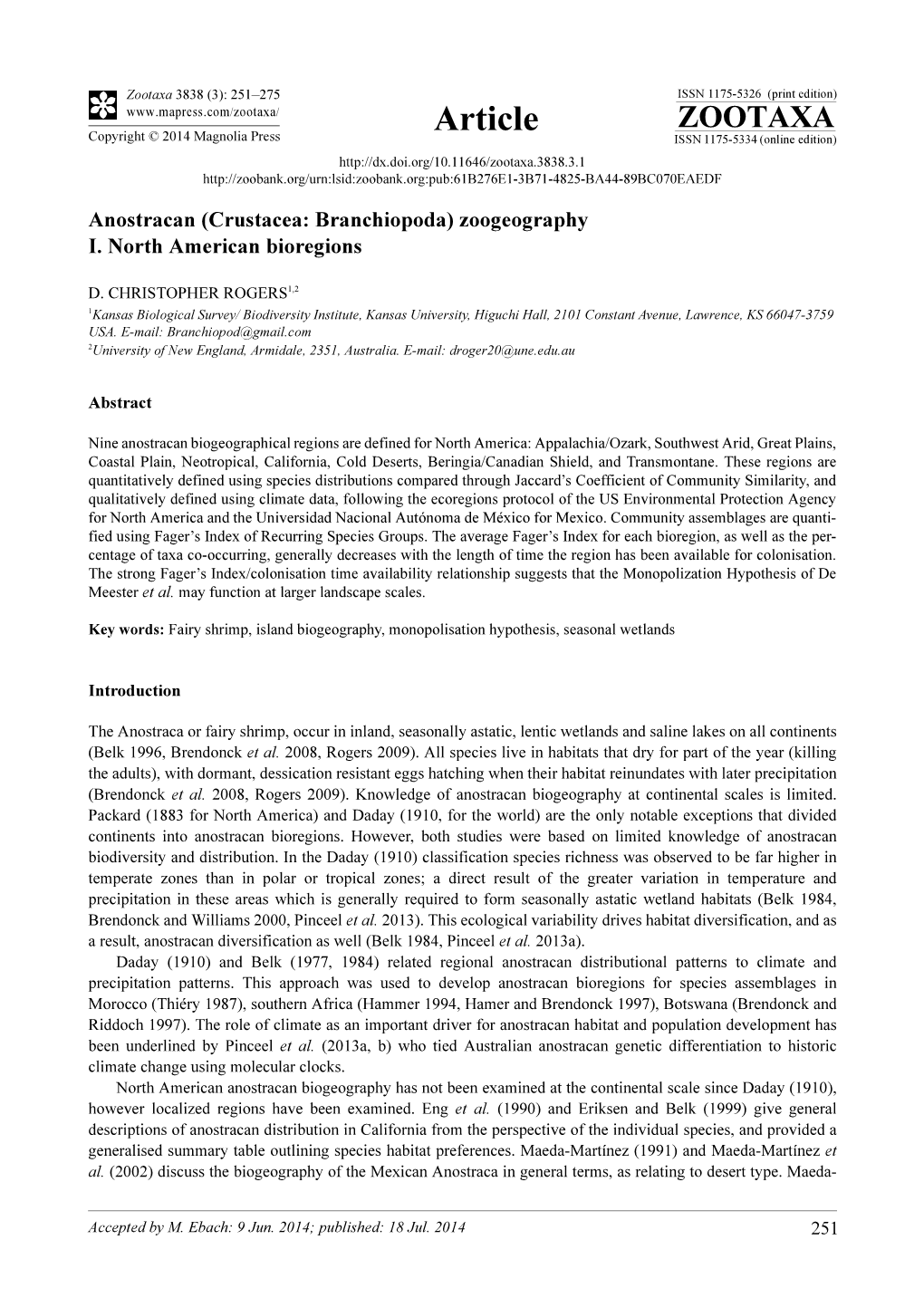 Anostracan (Crustacea: Branchiopoda) Zoogeography I