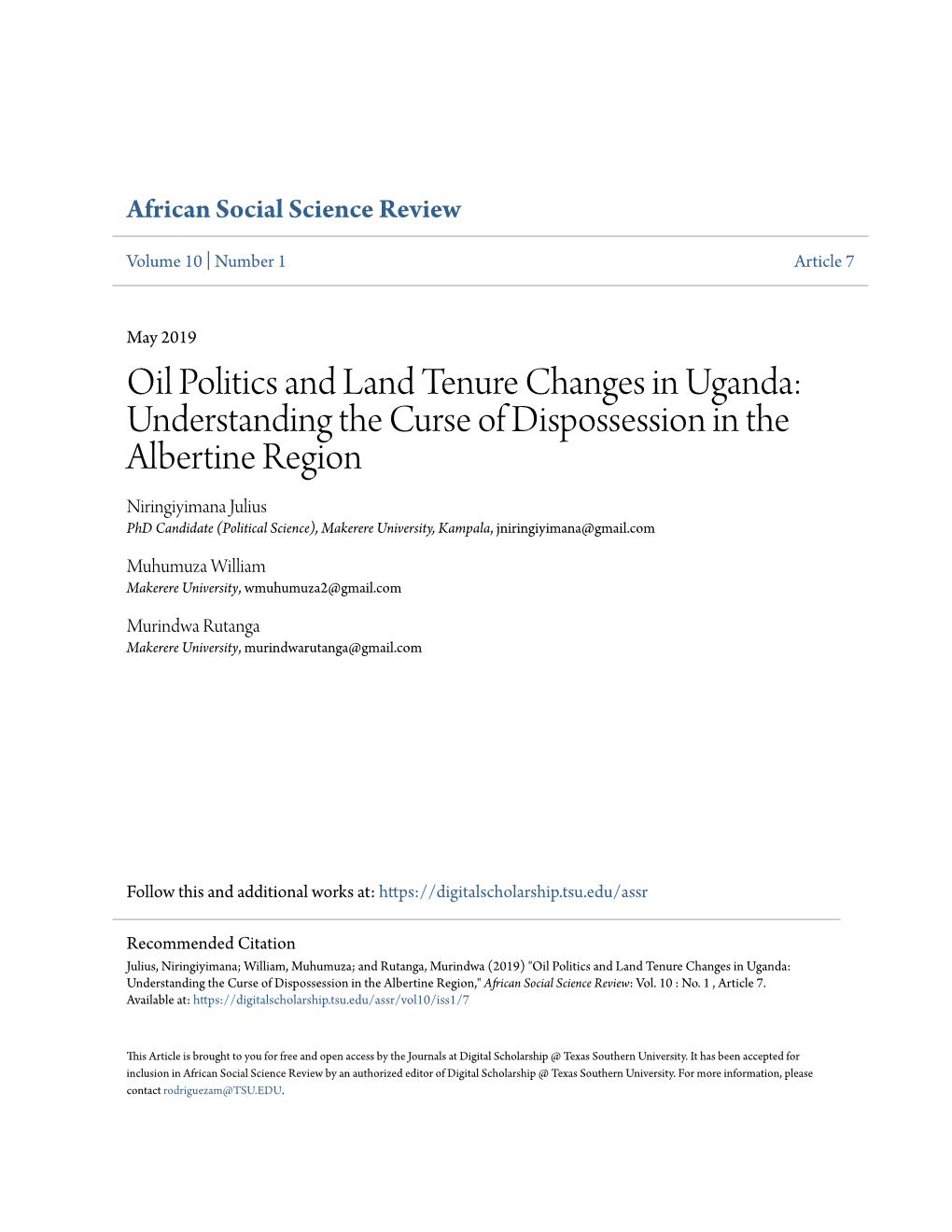 Oil Politics and Land Tenure Changes in Uganda