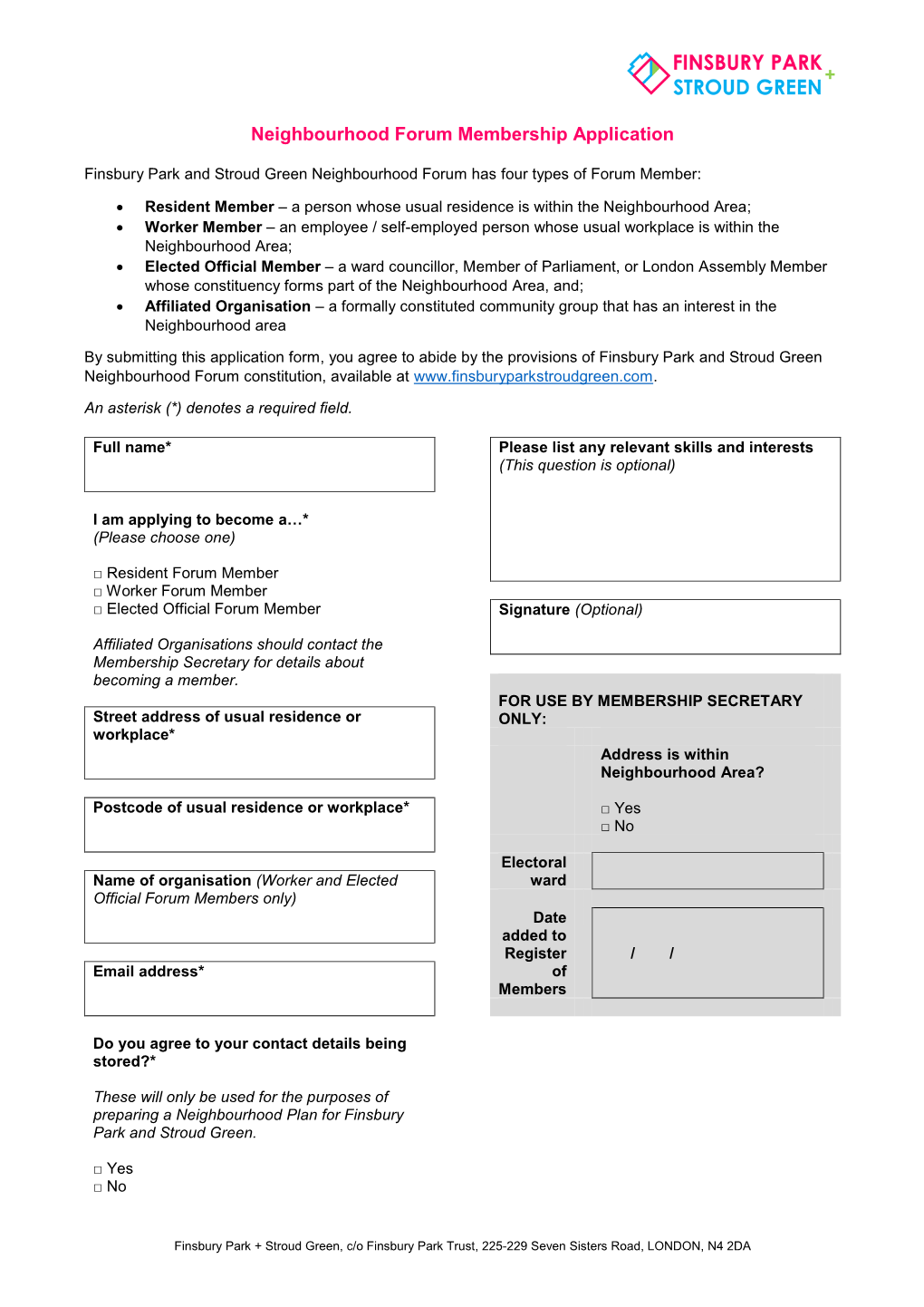 Neighbourhood Forum Membership Application