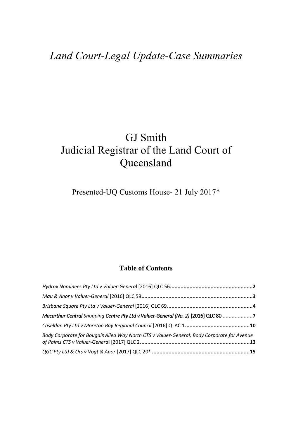 Land Court Valuation Review 2017