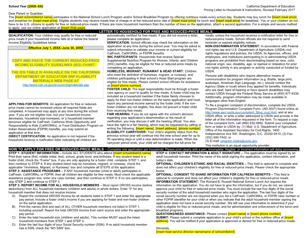 Pricing Letter Calfresh - School Nutrition (CA Dept of Education)