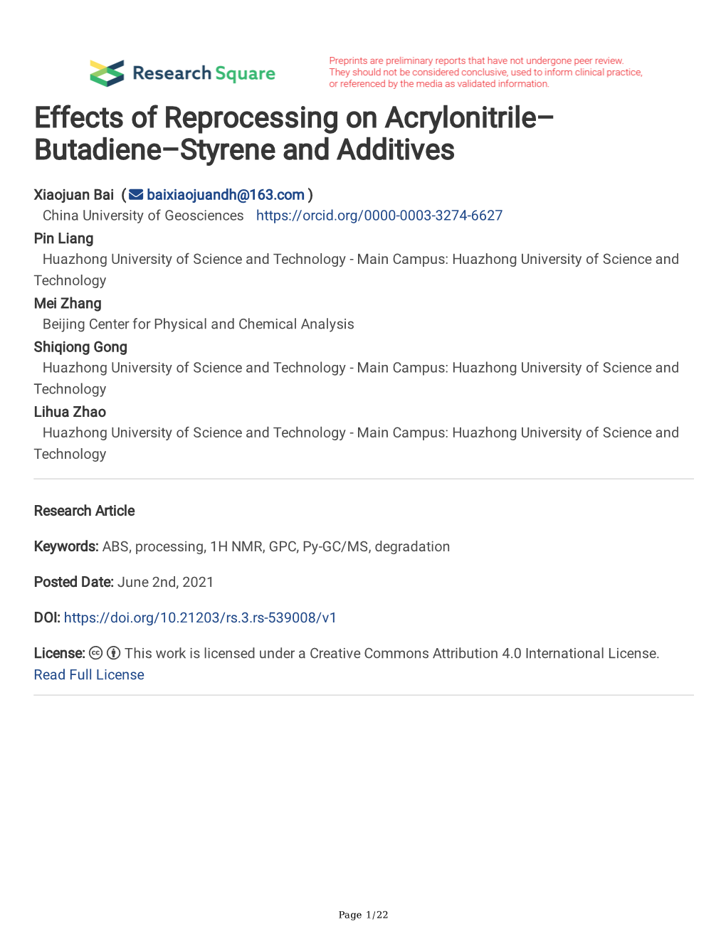 Effects of Reprocessing on Acrylonitrile– Butadiene–Styrene and Additives