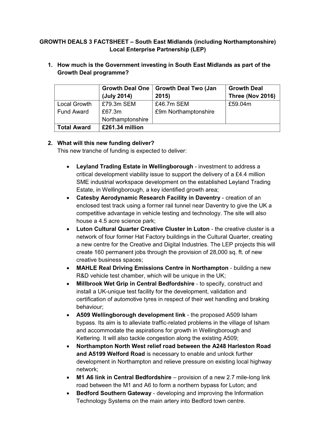 GROWTH DEALS 3 FACTSHEET – South East Midlands (Including Northamptonshire) Local Enterprise Partnership (LEP)