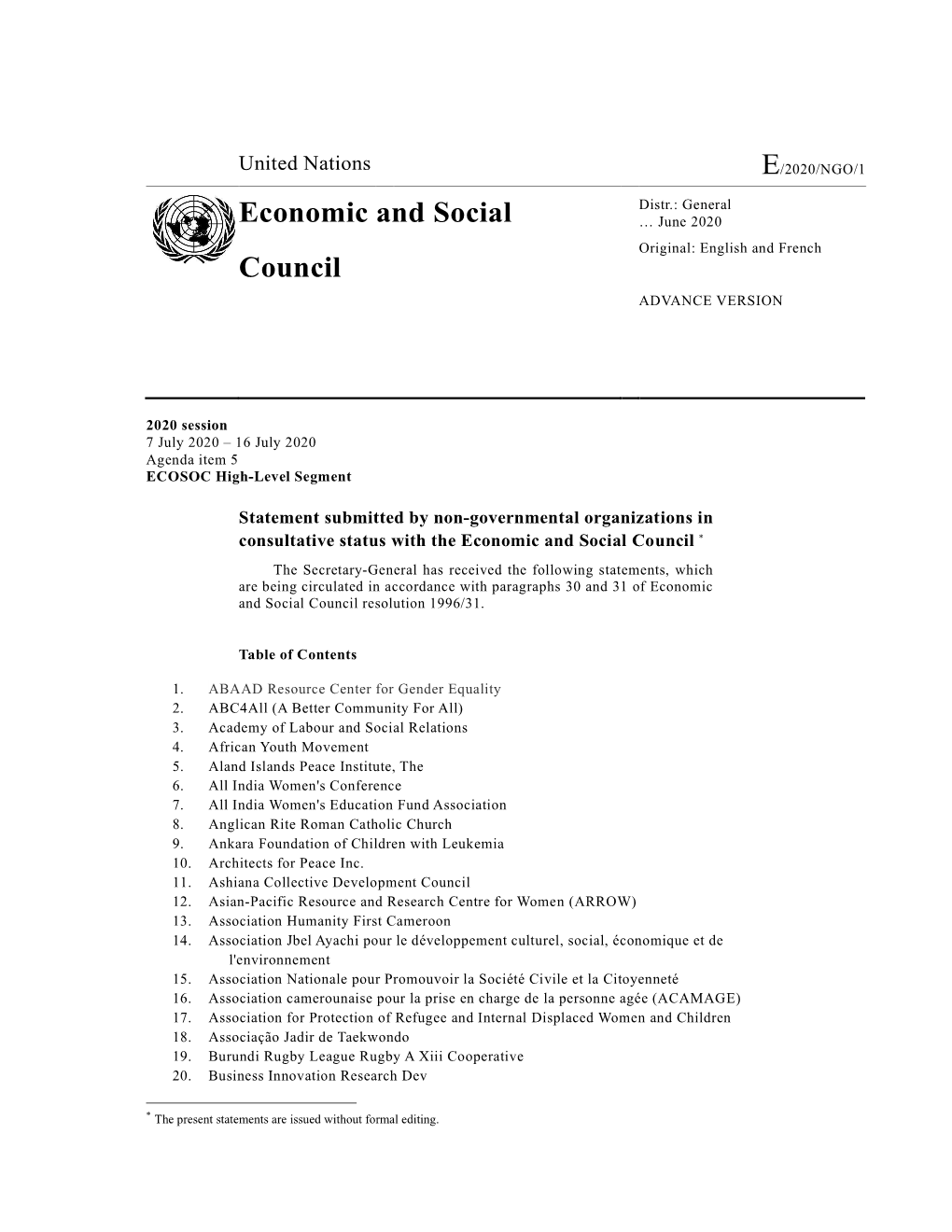 E/2020/NGO/1 Economic and Social Council