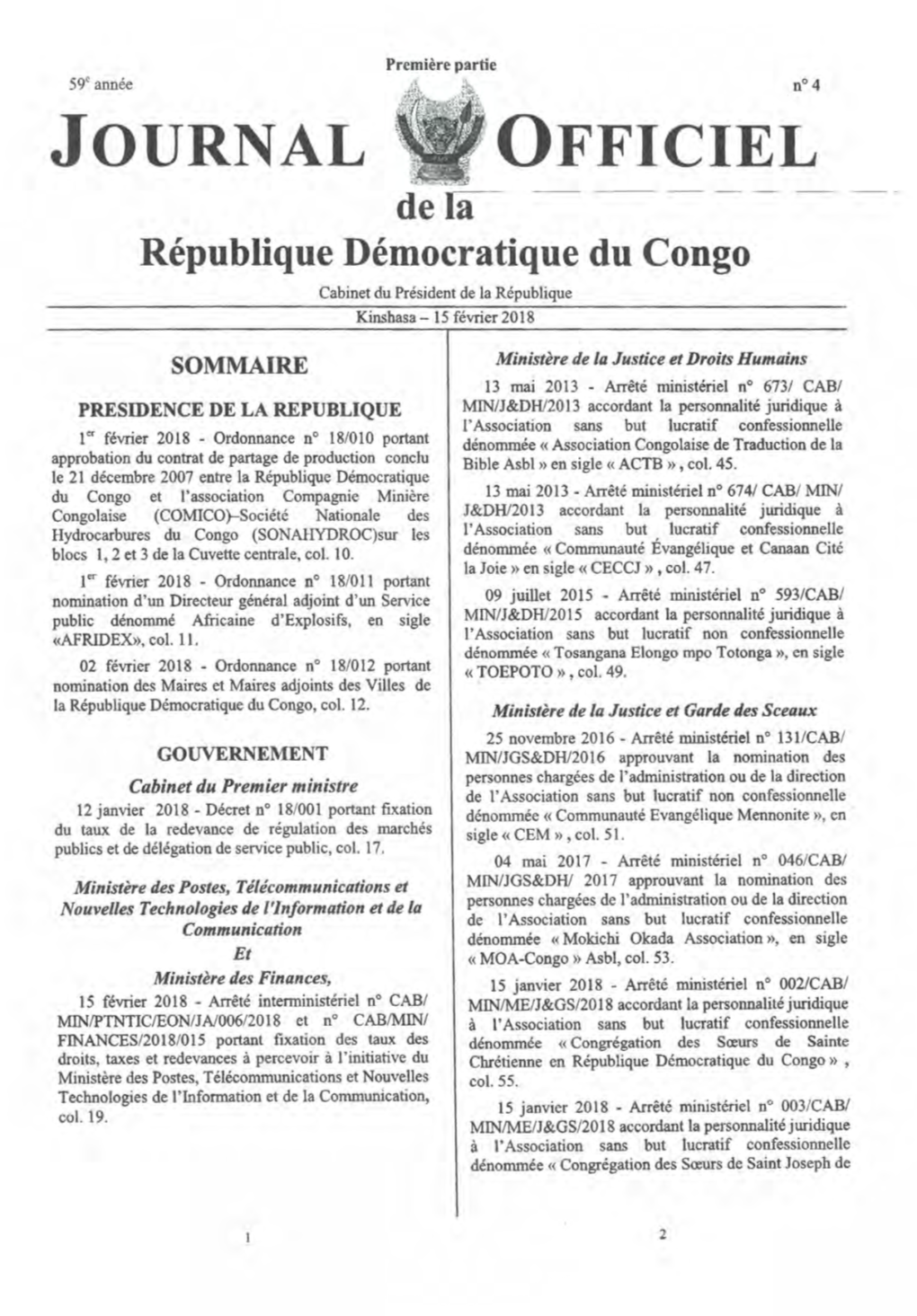 JOURNAL 0FFICIEL Deia­ - --- ·-- --- ··- ·· --· Republique Democratique Du Congo Cabinet Du President De La Republique Kinshasa- 15 Fevrier 2018