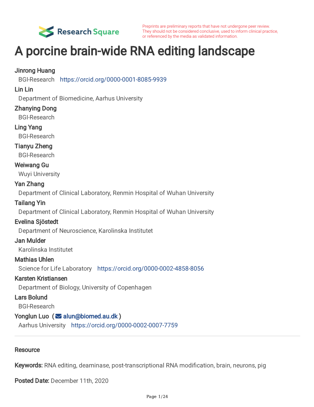 A Porcine Brain-Wide RNA Editing Landscape