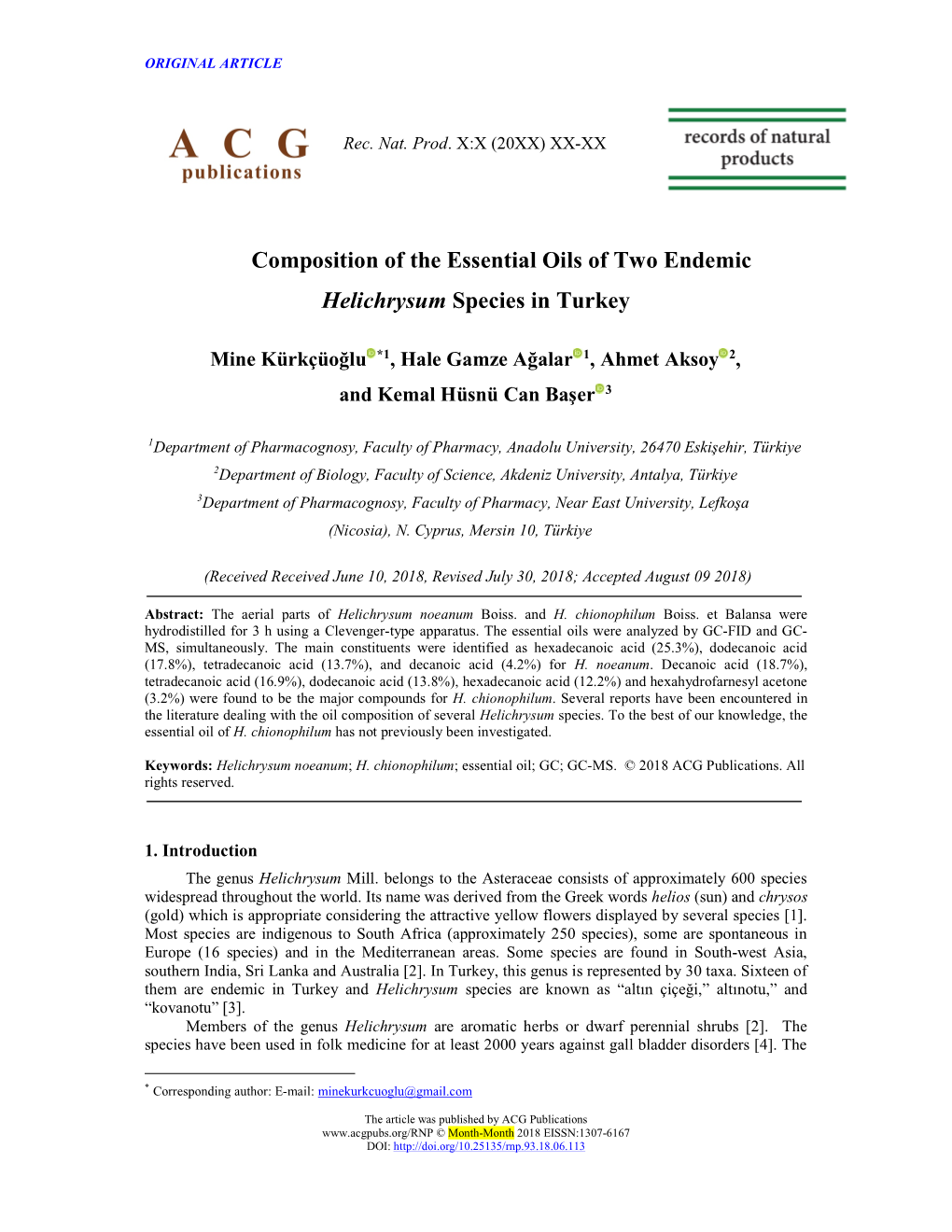 Composition of the Essential Oils of Two Endemic Helichrysum Species in Turkey