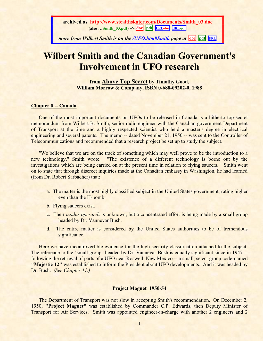 Wilbert Smith and the Canadian Government's Involvement in UFO Research