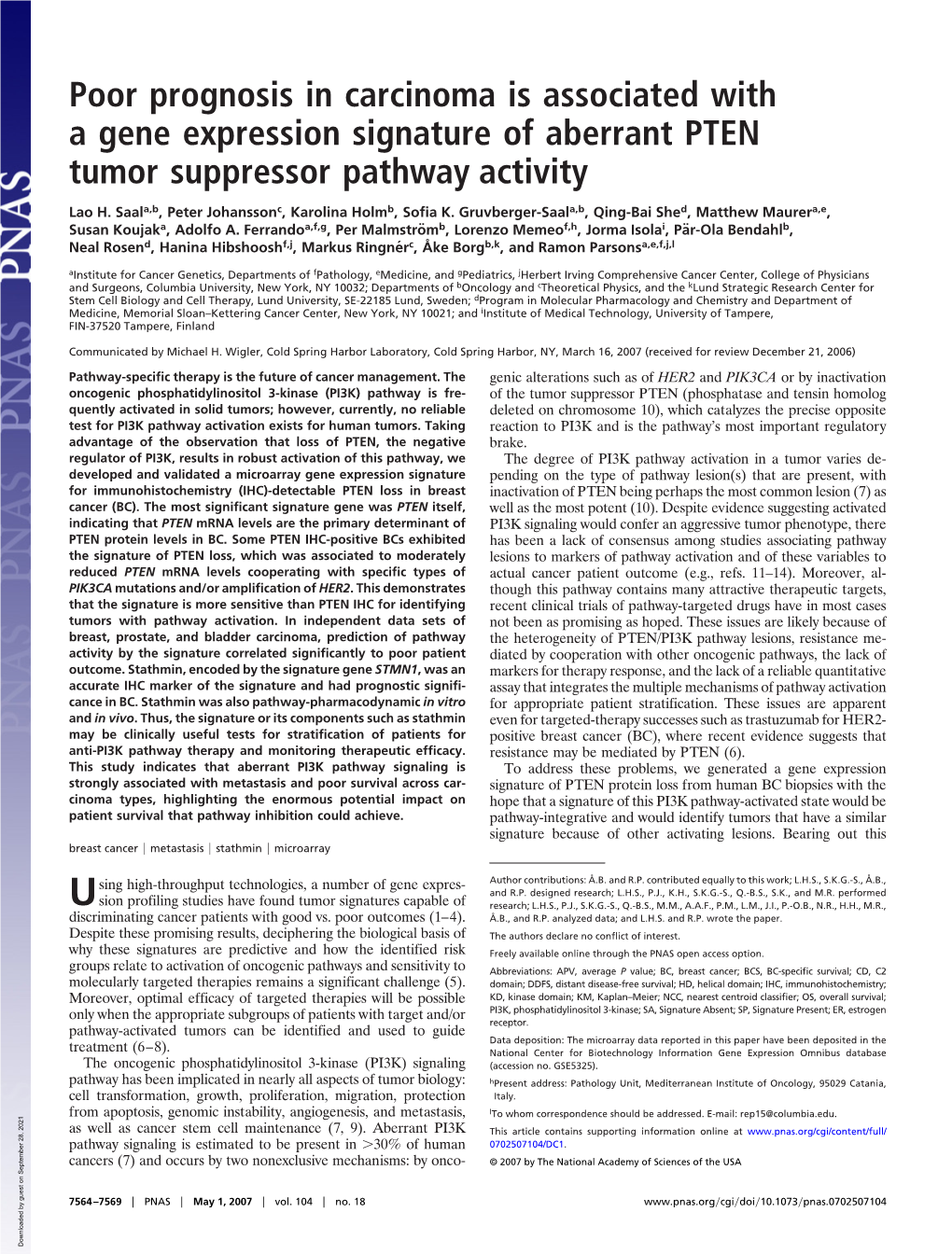 Poor Prognosis in Carcinoma Is Associated with a Gene Expression Signature of Aberrant PTEN Tumor Suppressor Pathway Activity