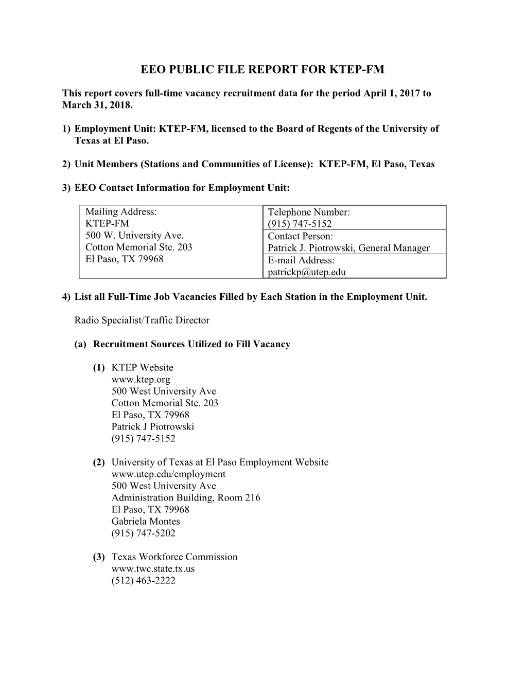 Eeo Public File Report for Ktep-Fm