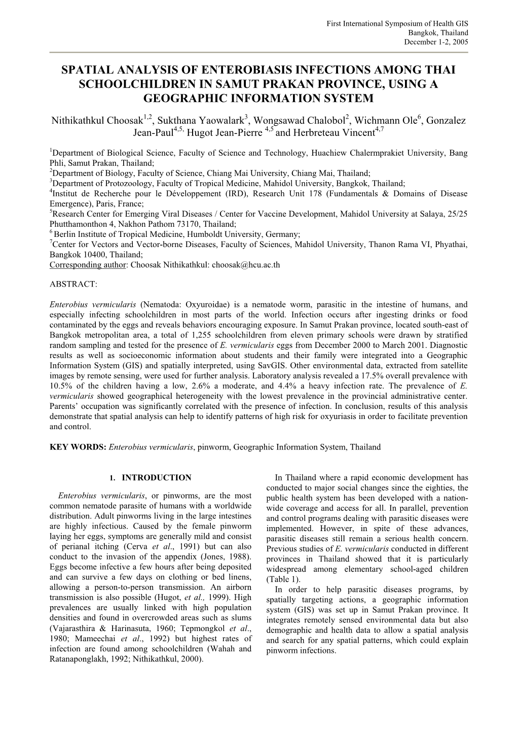 Spatial Analysis of Enterobiasis Infections Among Thai Schoolchildren in Samut Prakan Province, Using a Geographic Information System