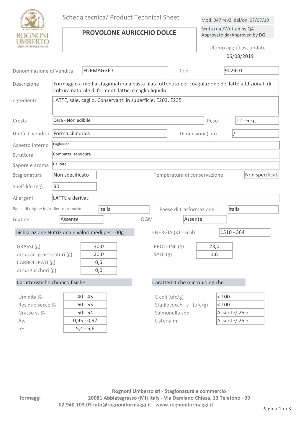 Scheda Tecnica/ Product Technical Sheet PROVOLONE AURICCHIO