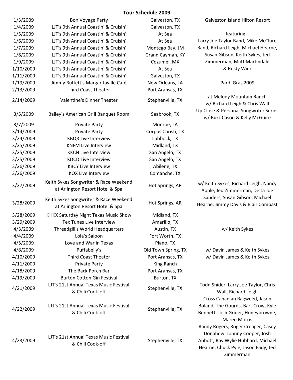 Tour Schedule 2009