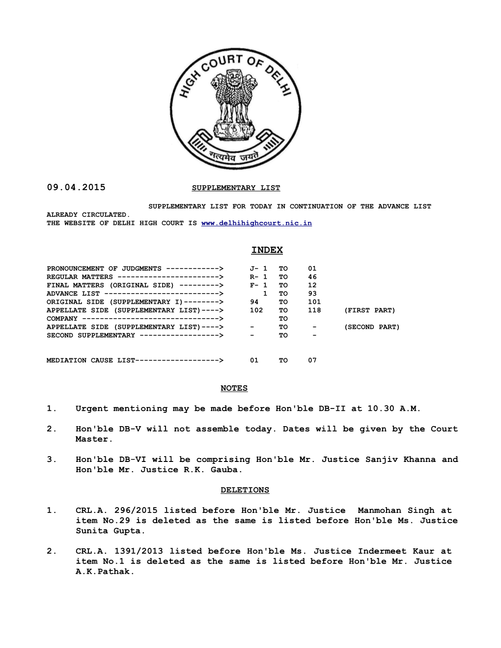 NOTES 1. Urgent Mentioning May Be Made Before Hon'ble DB-II at 10.30