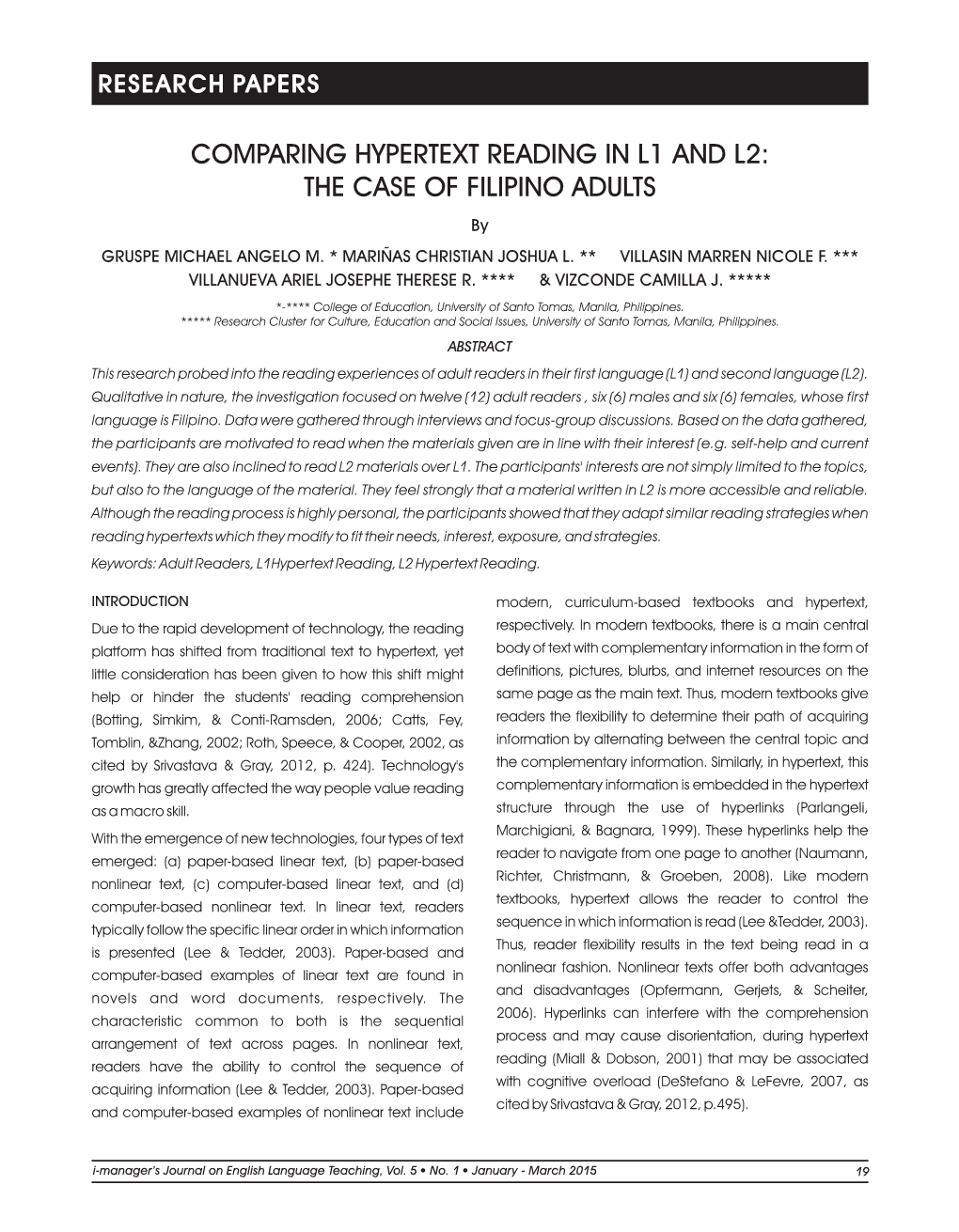 Comparing Hypertext Reading in L1 and L2: the Case of Filipino Adults