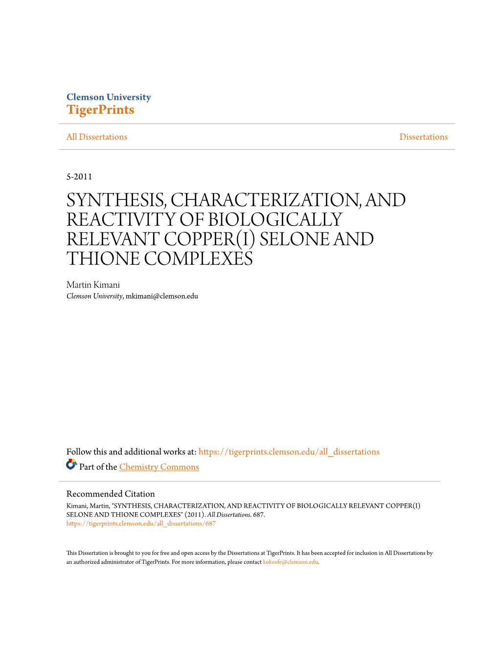 SELONE and THIONE COMPLEXES Martin Kimani Clemson University, Mkimani@Clemson.Edu