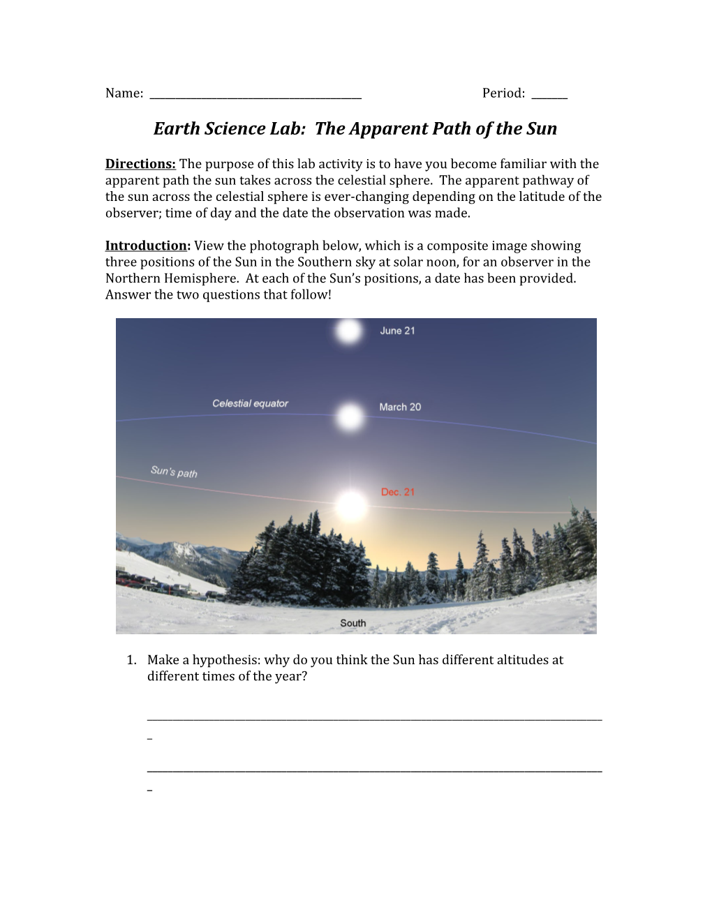 Earth Science Lab: the Apparent Path of the Sun