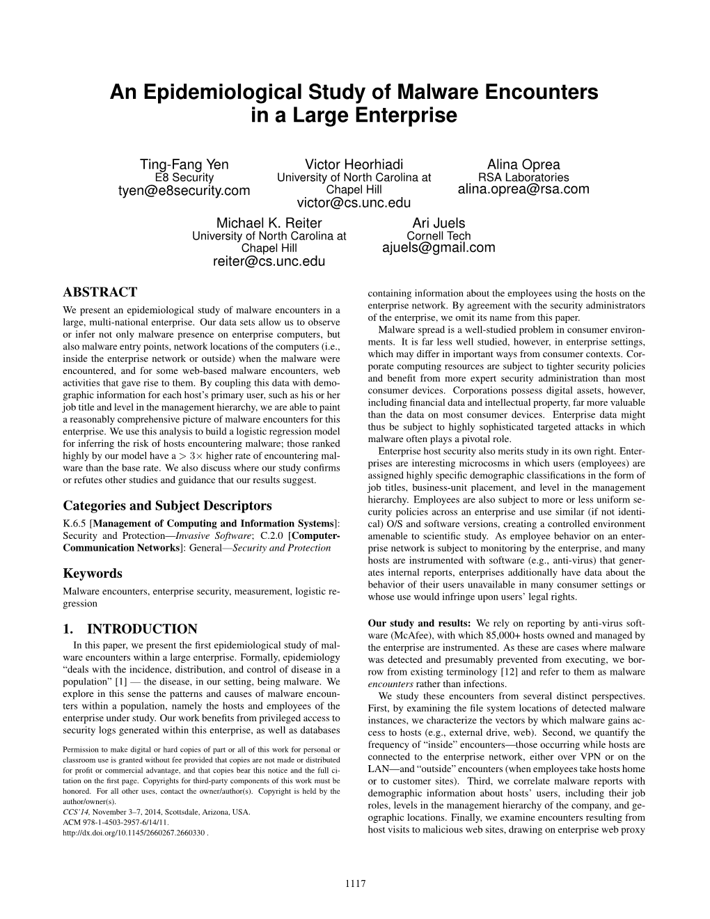 An Epidemiological Study of Malware Encounters in a Large Enterprise