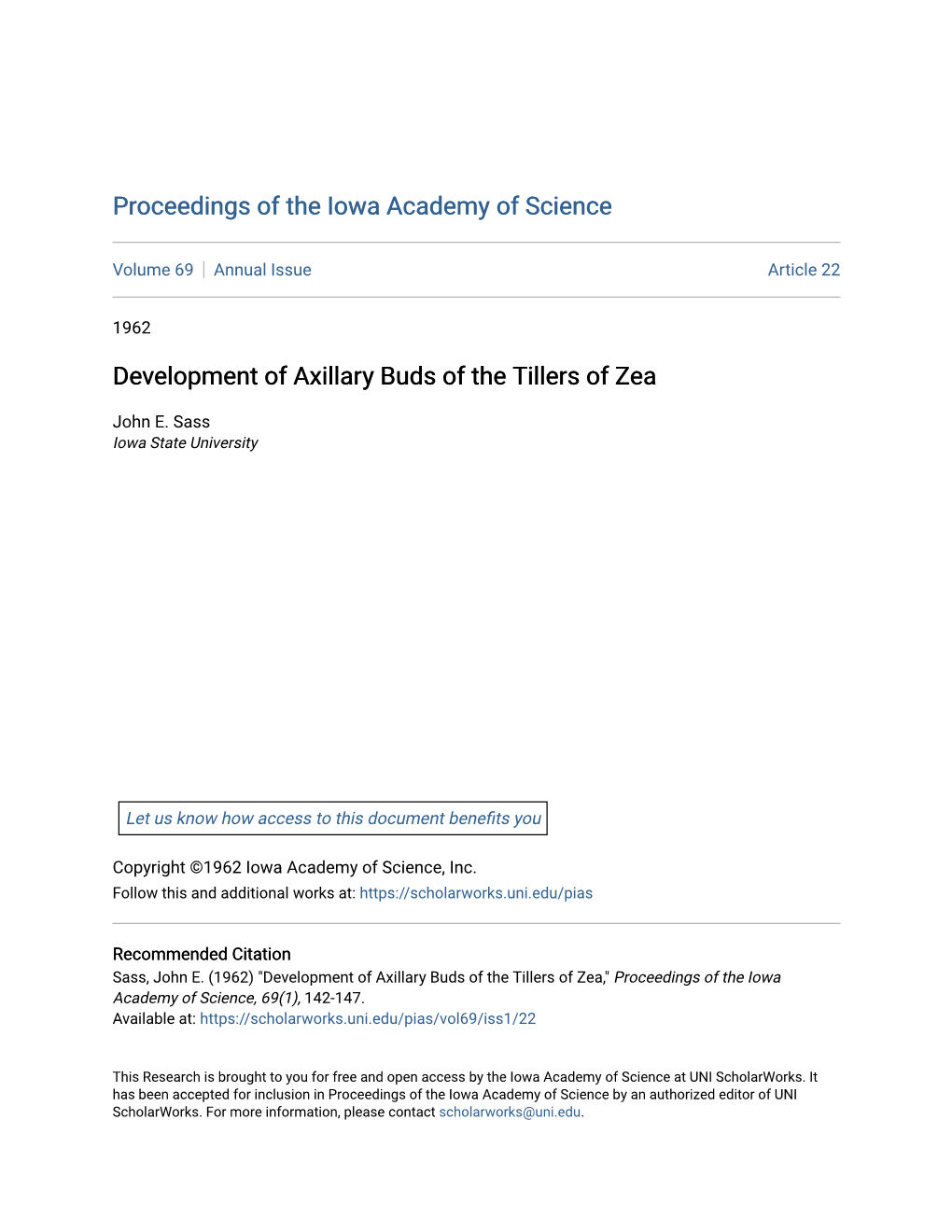 Development of Axillary Buds of the Tillers of Zea