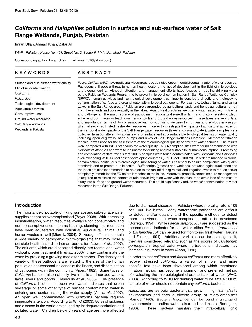 Coliforms and Halophiles Pollution in Surface and Sub-Surface Water of Salt Range Wetlands, Punjab, Pakistan