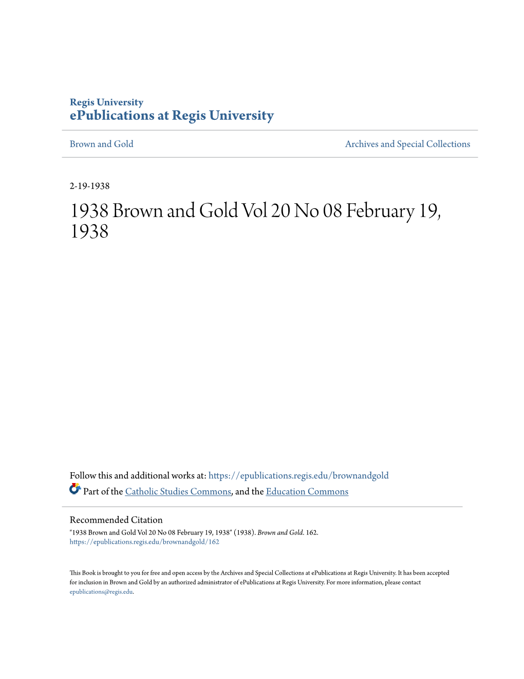 1938 Brown and Gold Vol 20 No 08 February 19, 1938