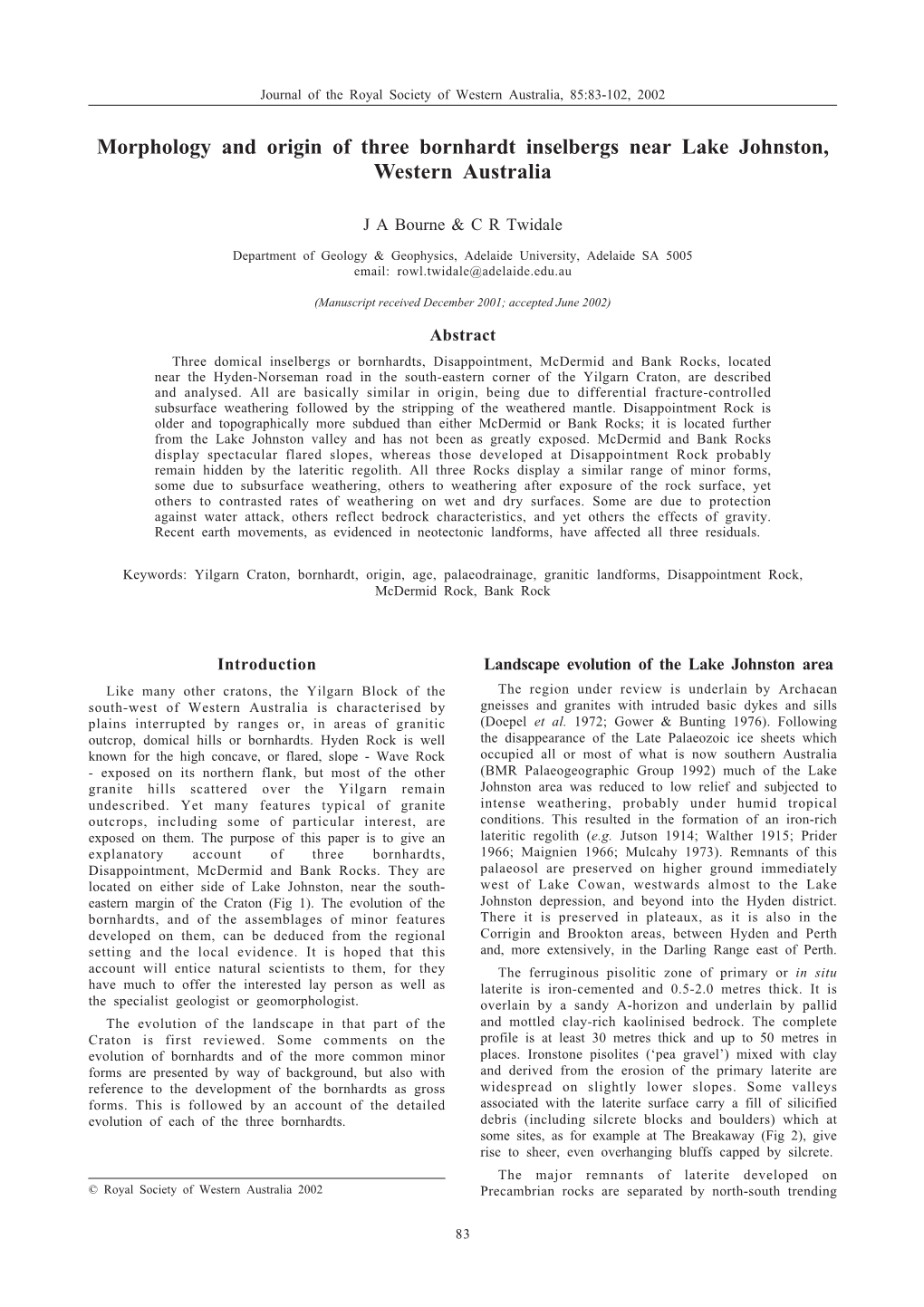 Morphology and Origin of Three Bornhardt Inselbergs Near Lake Johnston, Western Australia