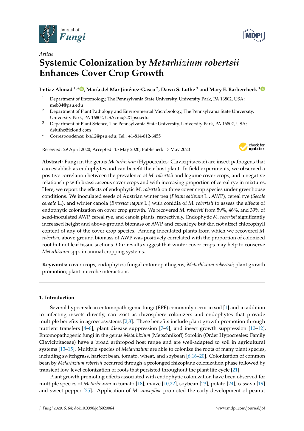 Systemic Colonization by Metarhizium Robertsii Enhances Cover Crop Growth