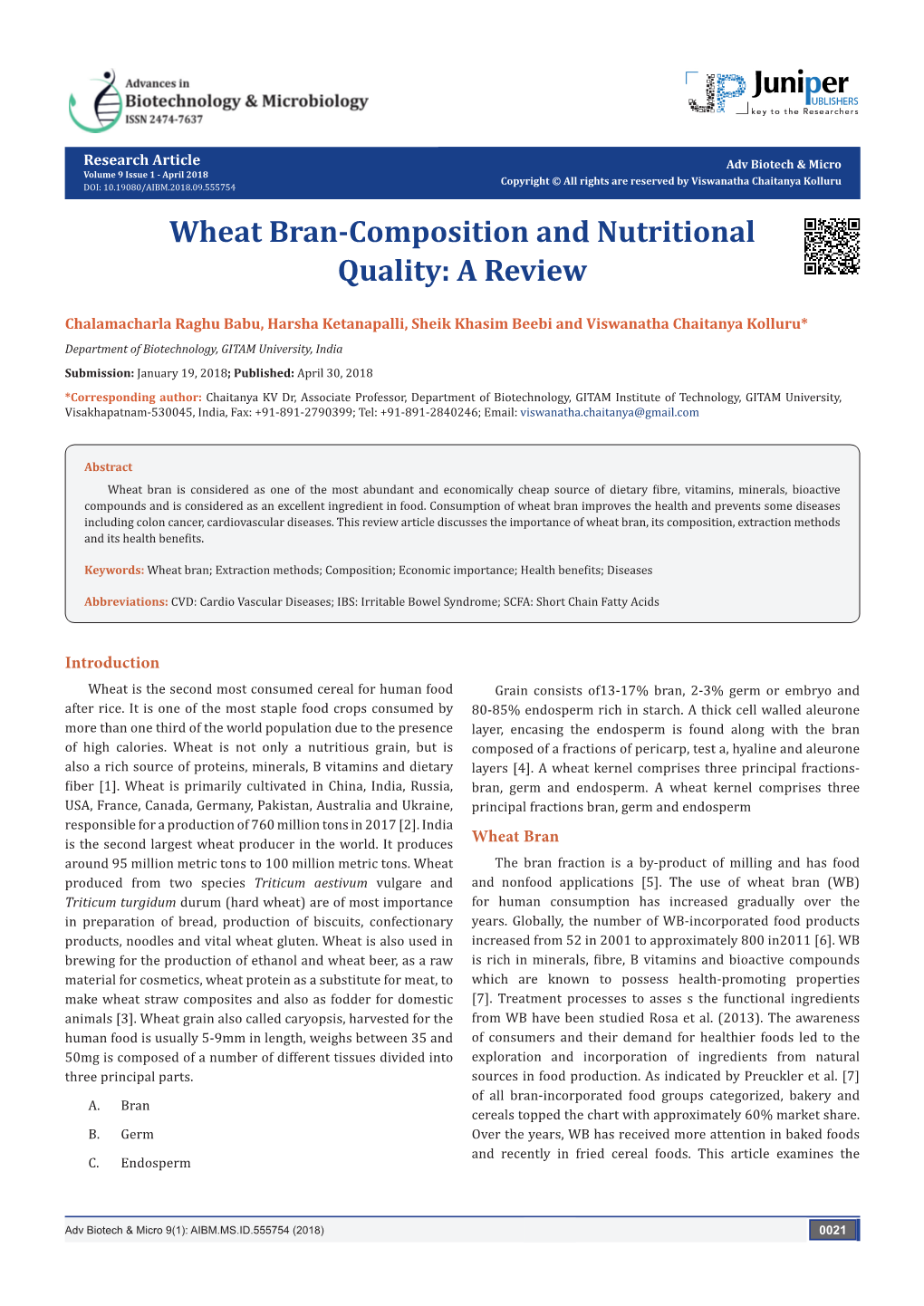 Wheat Bran-Composition and Nutritional Quality: a Review