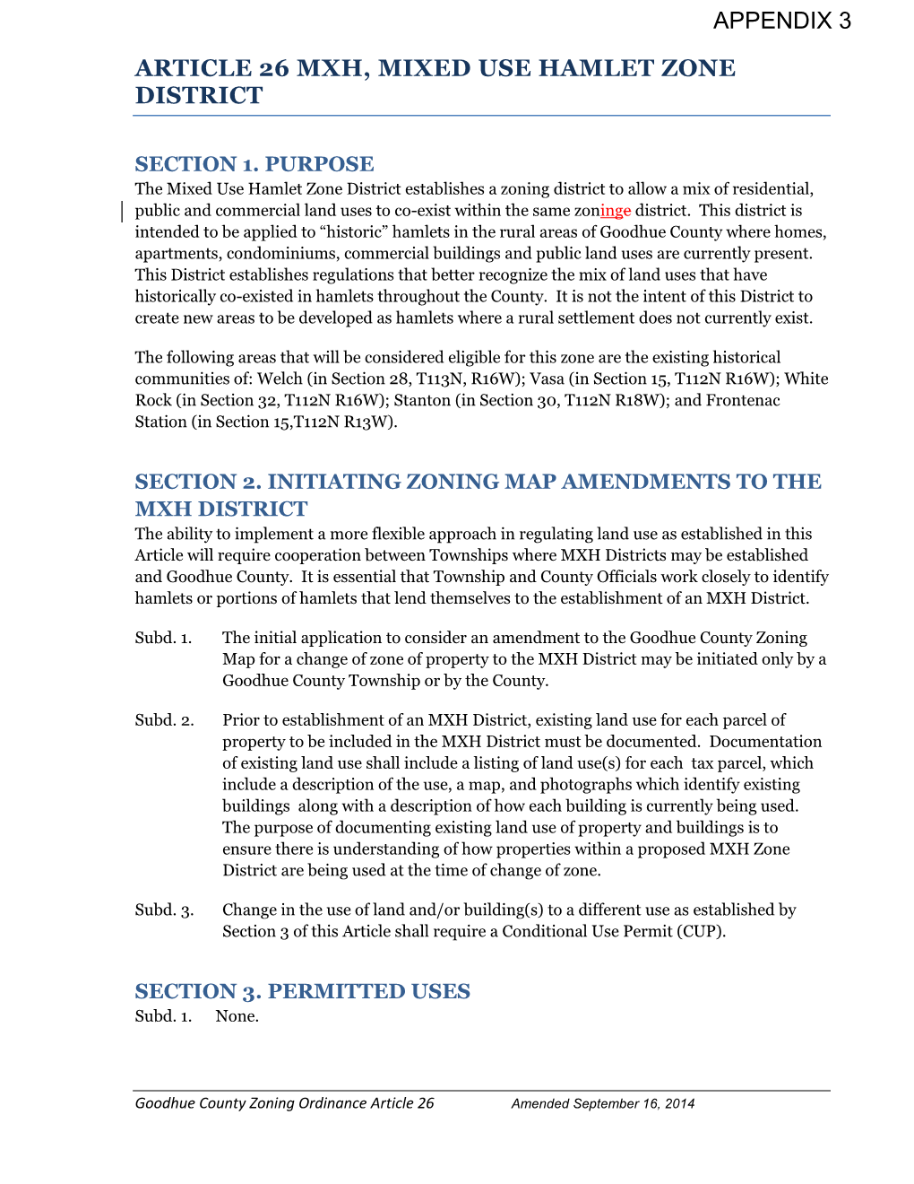 Article 26 Mxh, Mixed Use Hamlet Zone District