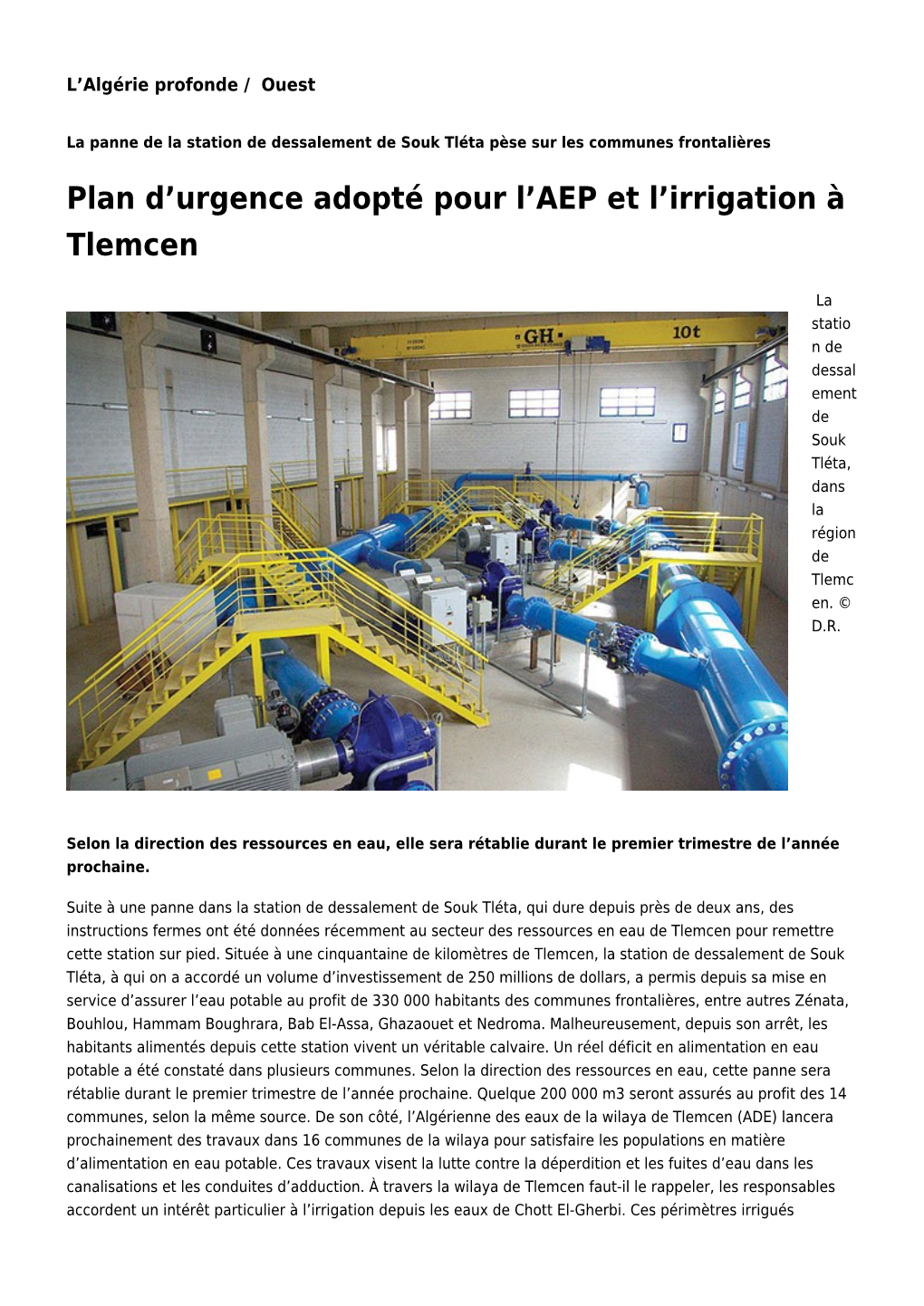 Plan D'urgence Adopté Pour L'aep Et L'irrigation À Tlemcen