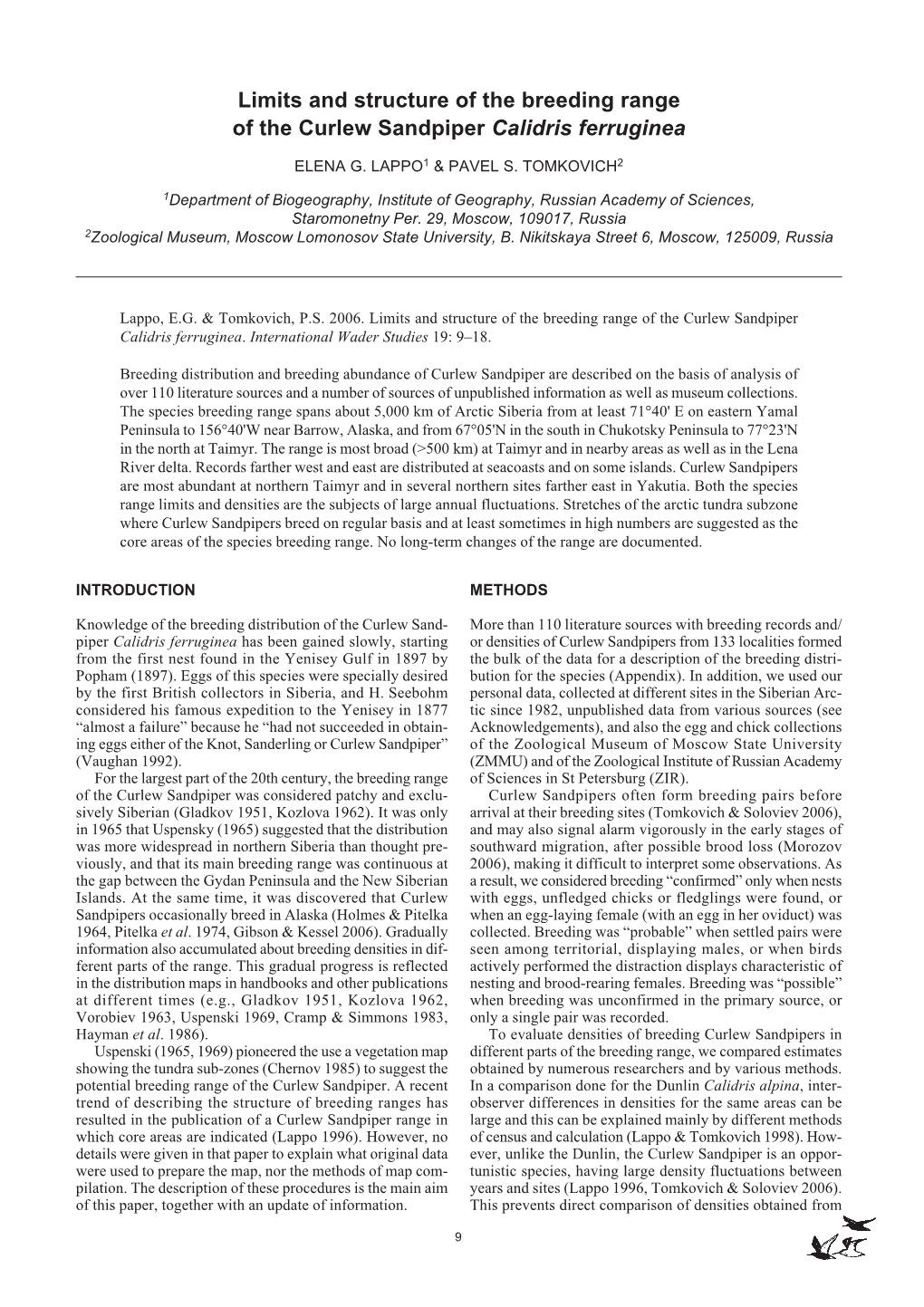 Limits and Structure of the Breeding Range of the Curlew Sandpiper Calidris Ferruginea