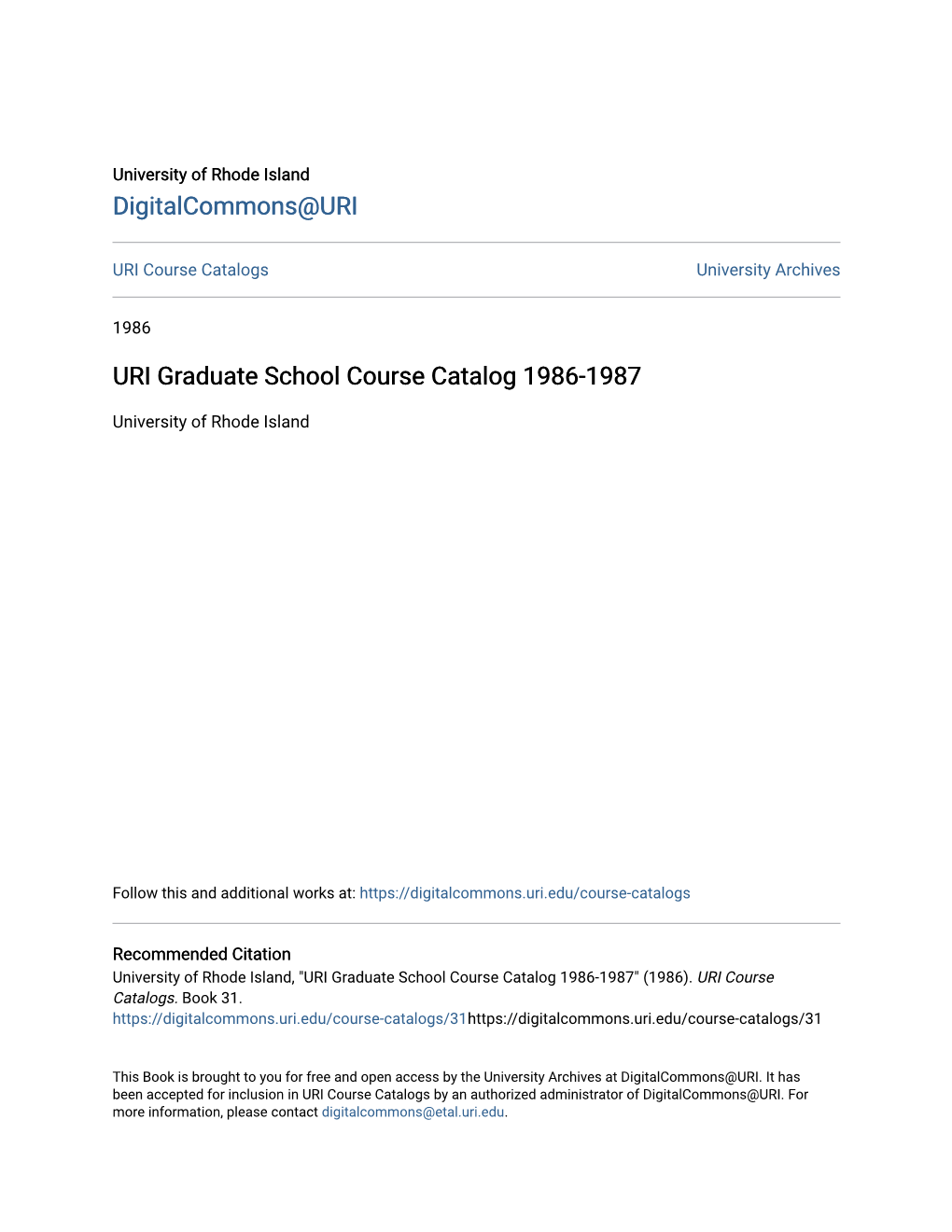 URI Graduate School Course Catalog 1986-1987