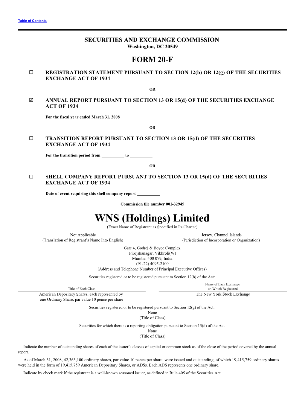 WNS (Holdings) Limited (Exact Name of Registrant As Specified in Its Charter)