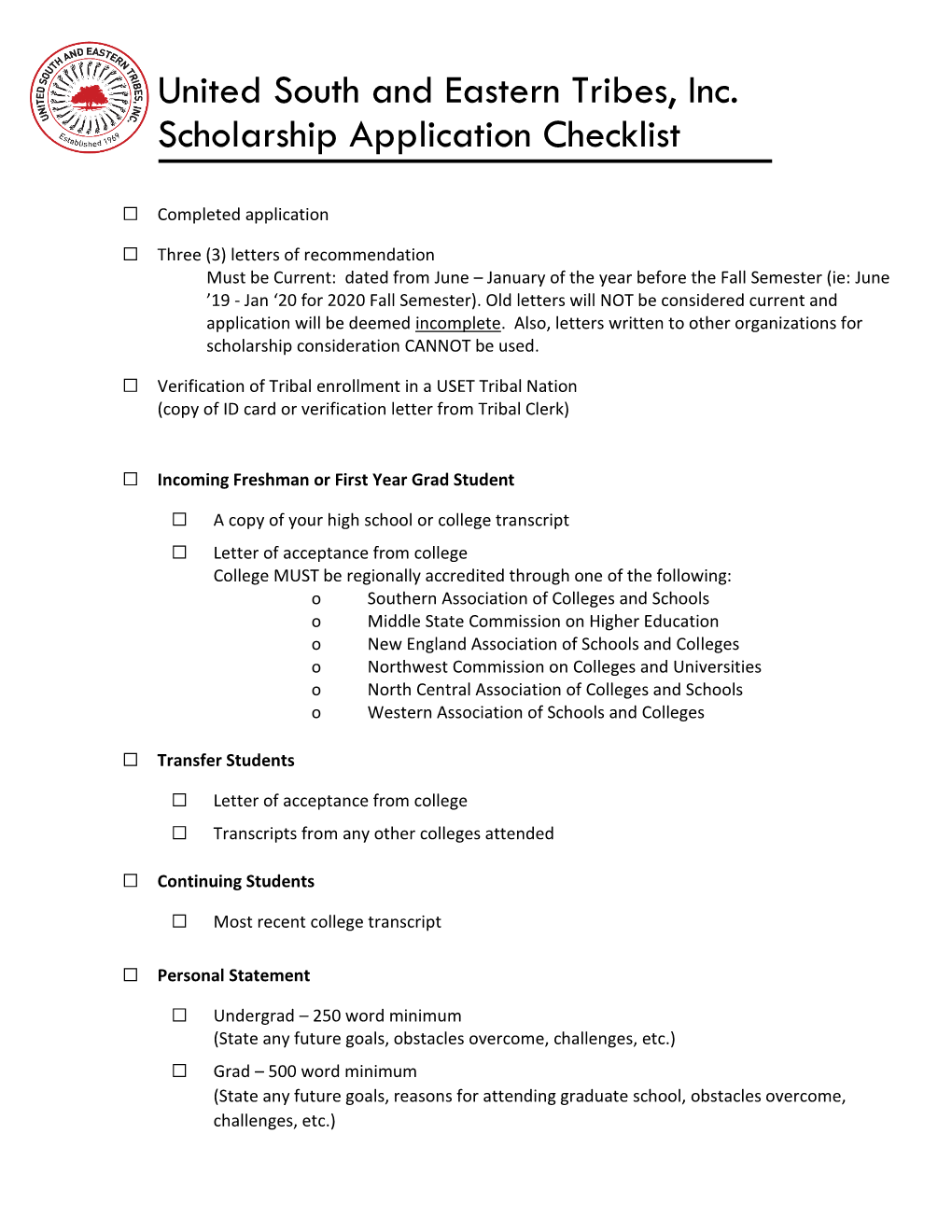 United South and Eastern Tribes, Inc. Scholarship Application Checklist