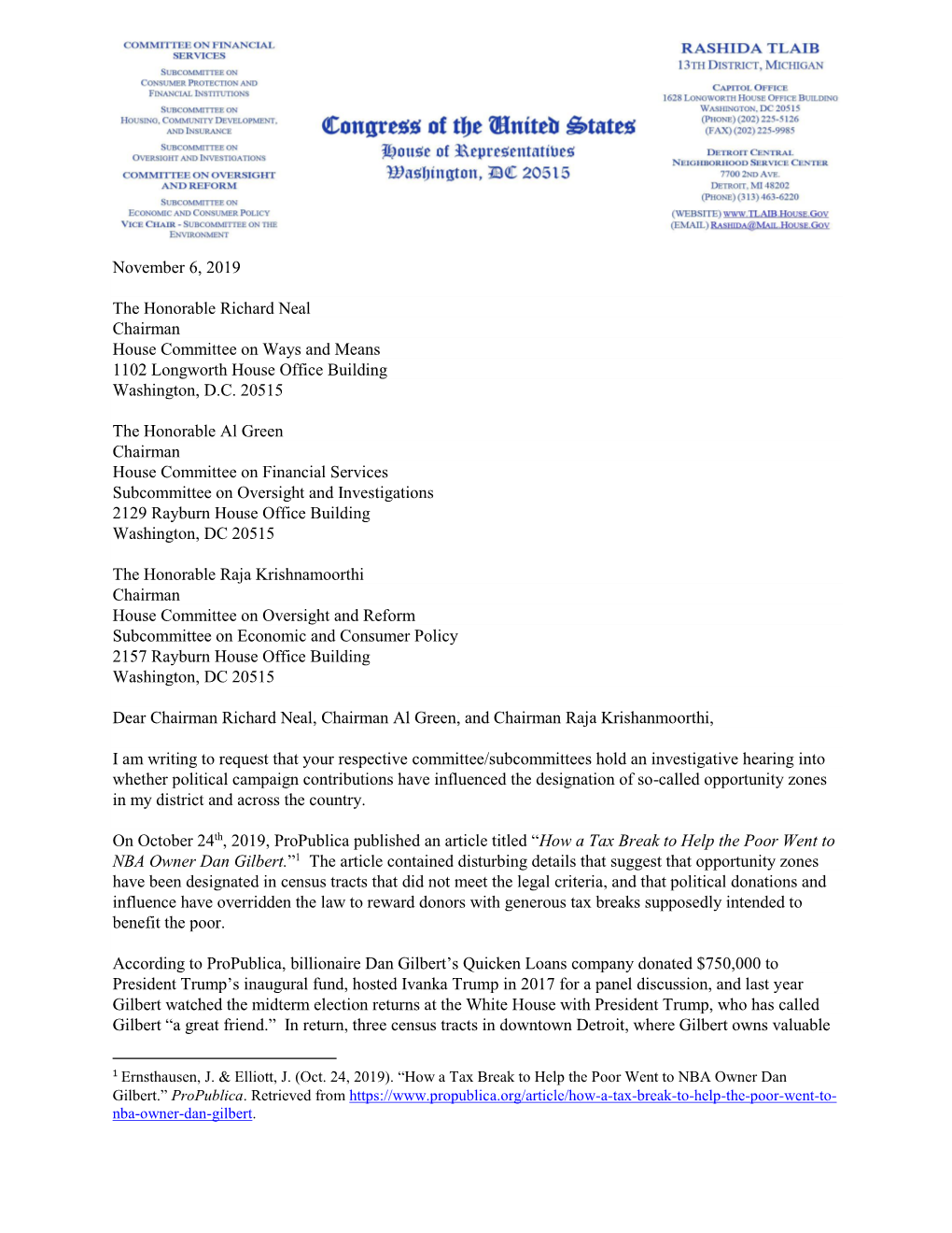 Letter Concerning Campaign Contributions for Opportunity Zones