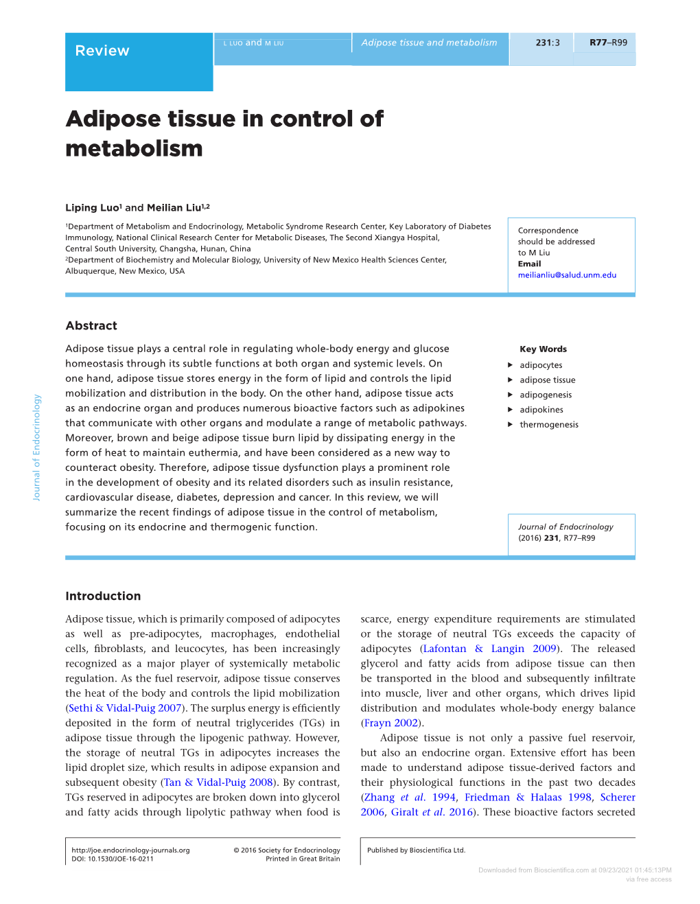 Adipose Tissue in Control of Metabolism