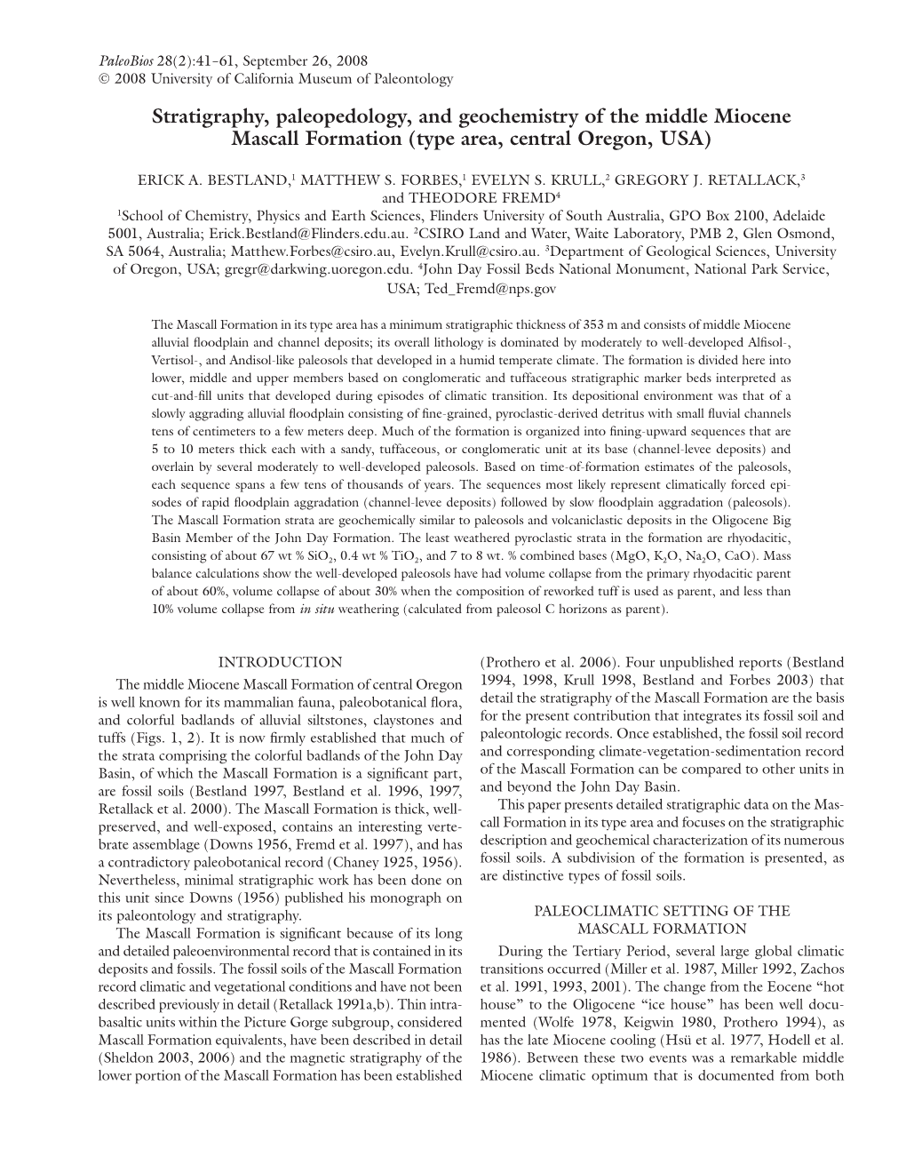 Stratigraphy, Paleopedology, and Geochemistry of the Middle Miocene Mascall Formation (Type Area, Central Oregon, USA)