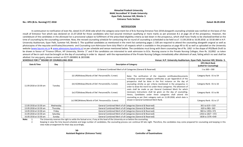 Himachal Pradesh University NAAC Accredited 'A' Grade University Gyan Path, Summer Hill, Shimla- 5 Entrance Tests Section No