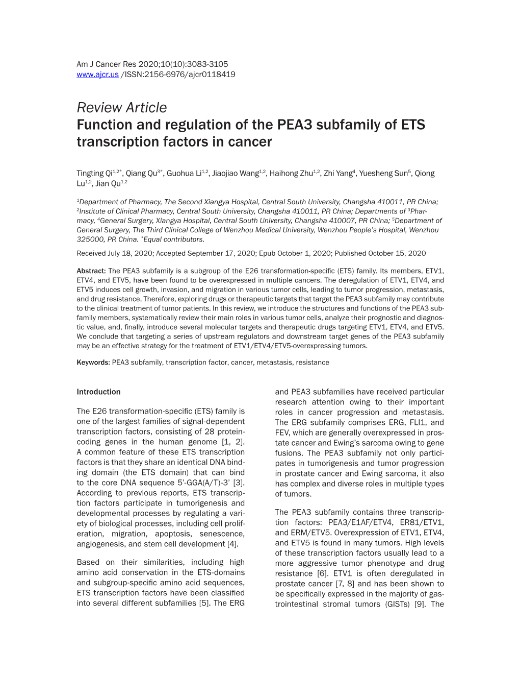 Review Article Function and Regulation of the PEA3 Subfamily of ETS Transcription Factors in Cancer