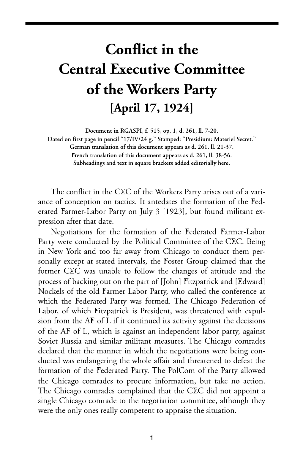 Conflict in the Central Executive Committee of the Workers Party [April 17, 1924]