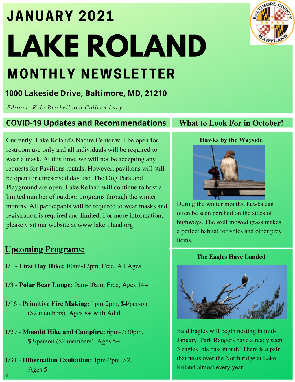 January 2021 Lake Roland Monthly Newsletter