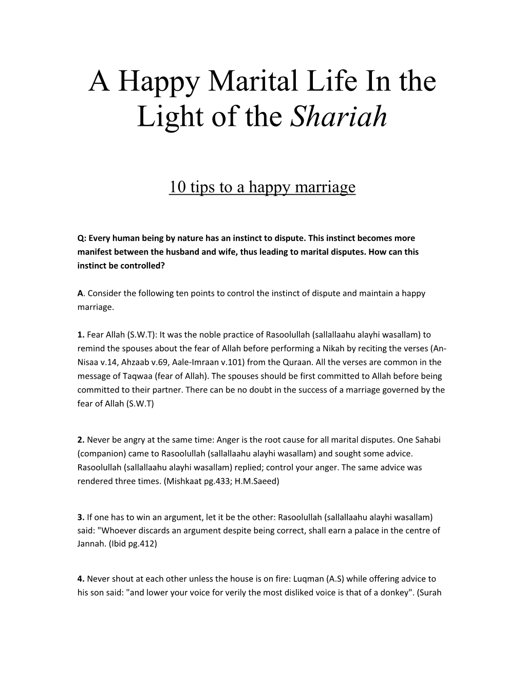 A Happy Marital Life in the Light of the Shariah