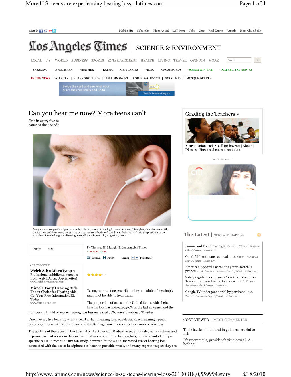 L.A. Times Article on Hearing Loss