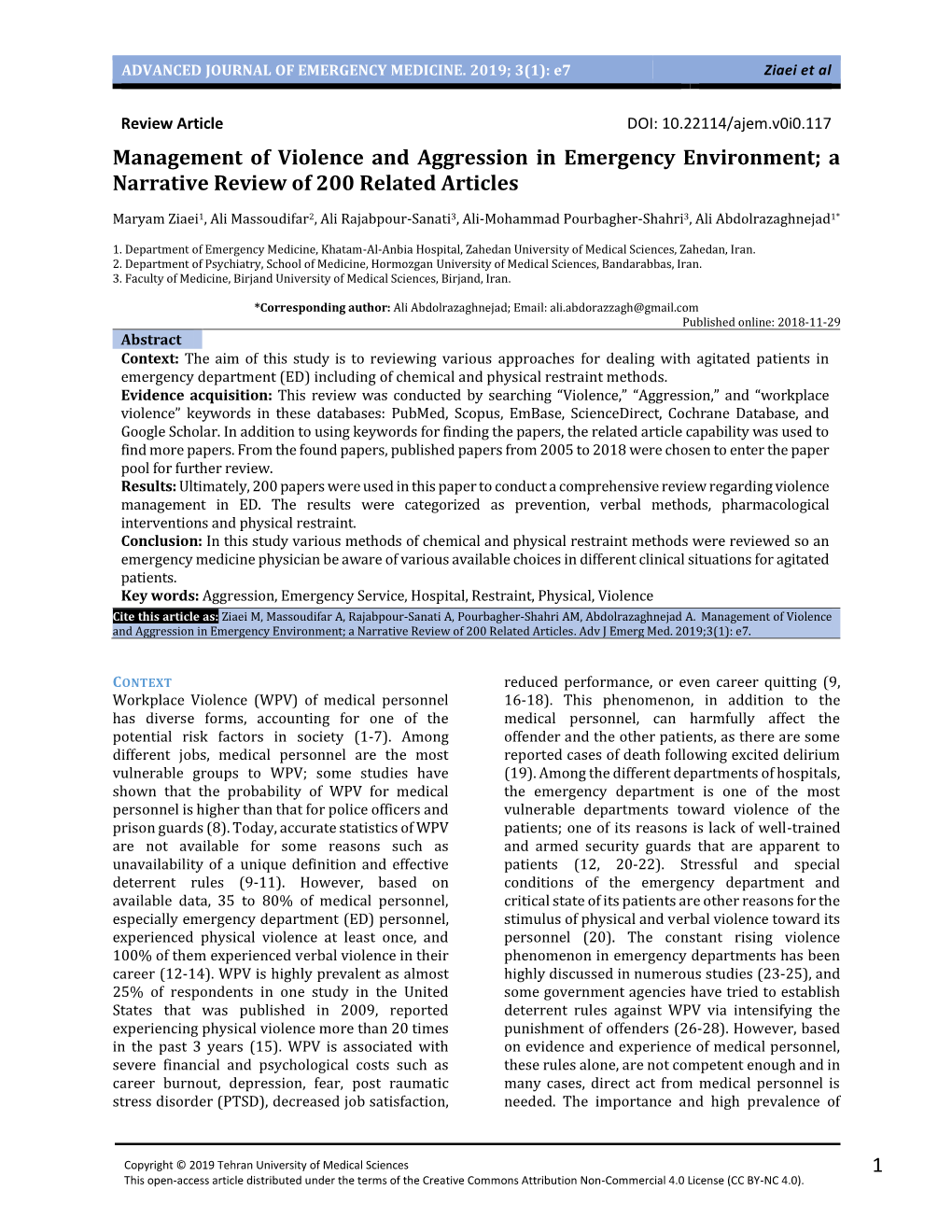 ADVANCED JOURNAL of EMERGENCY MEDICINE. 2019; 3(1): E7 Ziaei Et Al