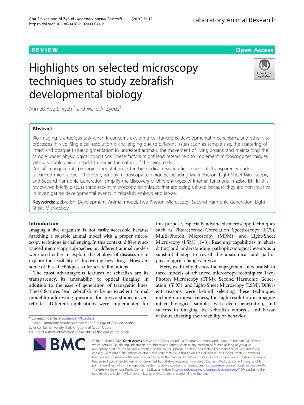 Highlights on Selected Microscopy Techniques to Study Zebrafish Developmental Biology Ahmed Abu-Siniyeh1* and Walid Al-Zyoud2