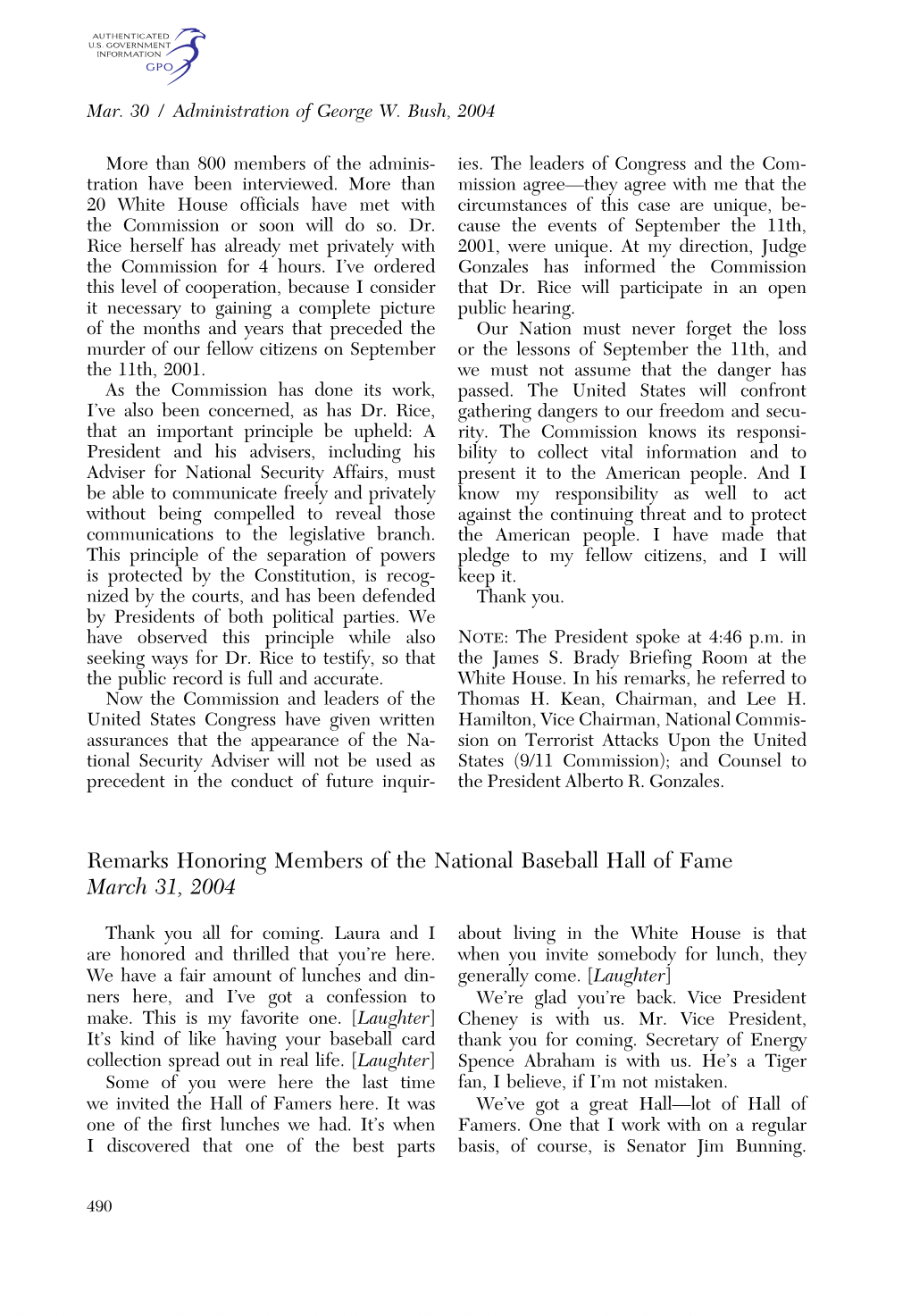 Remarks Honoring Members of the National Baseball Hall of Fame March 31, 2004