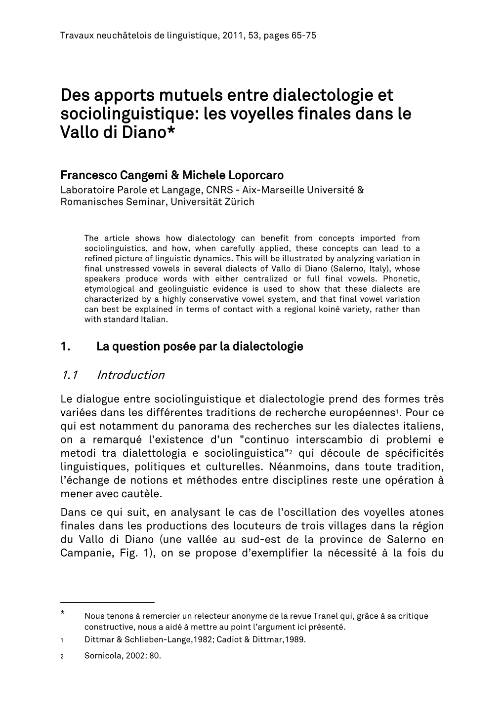 Des Apports Mutuels Entre Dialectologie Et Sociolinguistique: Les Voyelles Finales Dans Le Vallo Di Diano*