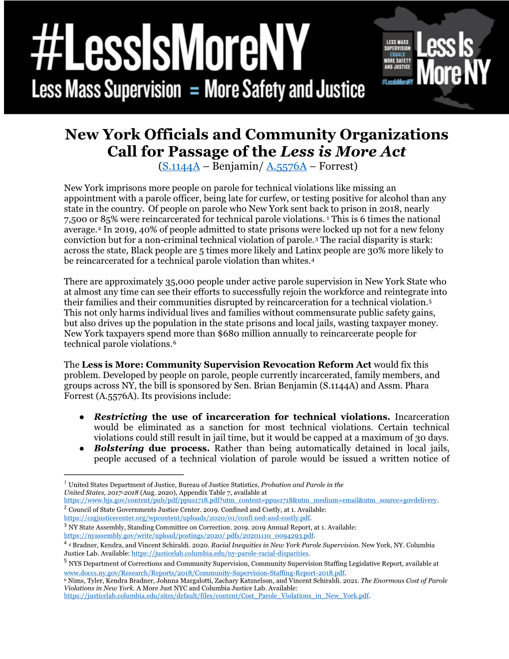 New York Officials and Community Organizations Call for Passage of the Less Is More Act (S.1144A – Benjamin/ A.5576A – Forrest)