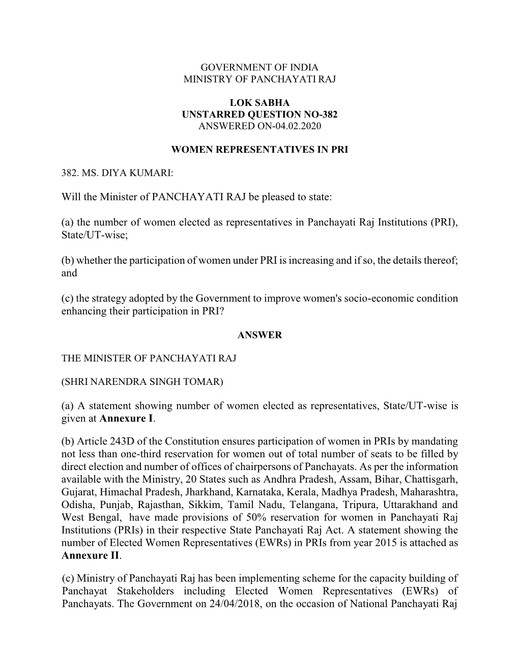 (A) the Number of Women Elected As Representatives in Panchayati Raj Institutions (PRI), State/UT-Wise;