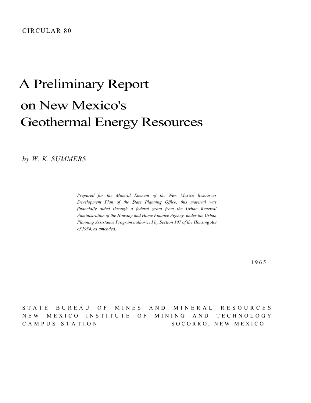 A Preliminary Report on New Mexico's Geothermal Energy Resources